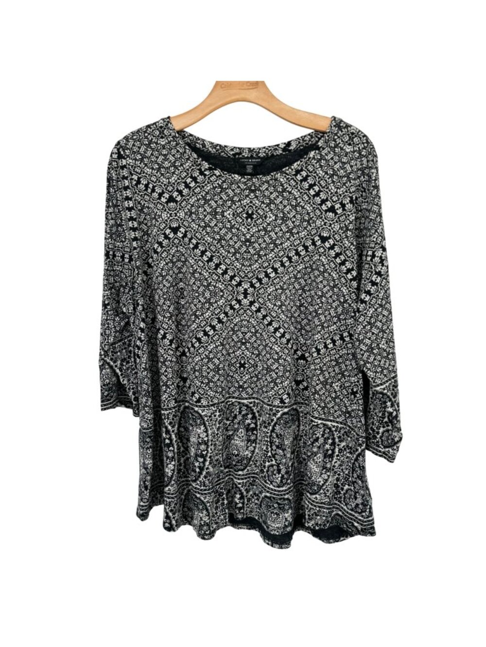 Lucky Brand Women's 3/4 Sleeve Black White Boho knit  Tunic Top Size 2X plus